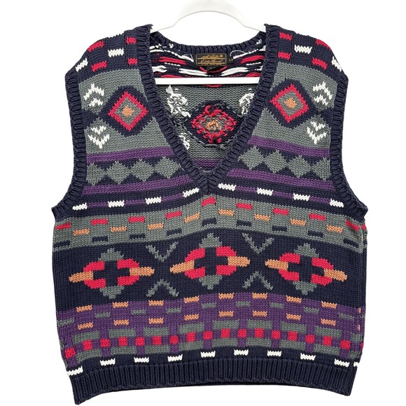 Eddie Bauer Vintage Sweater Vest Mens Large Navy Cotton Aztec 90s Southwestern - Picture 1 of 7
